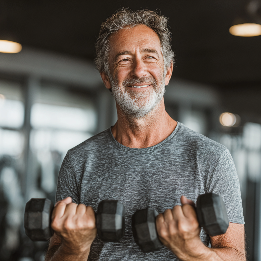 Mature man in his early 50s smiling while doing strength training with dumbbells in a bright fitness center, showing proper exercise form and determination